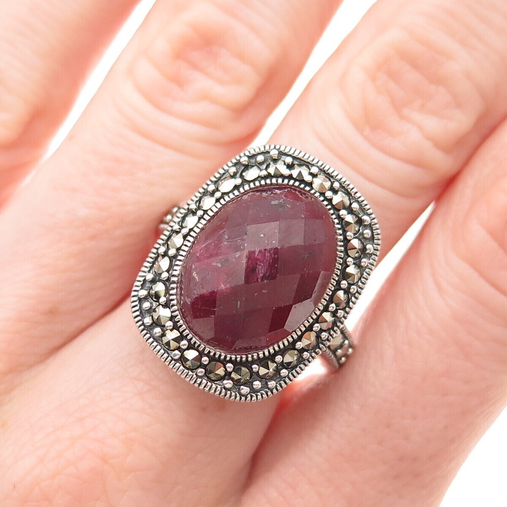 Chapal Zenray 925 Sterling Silver Vintage Real Ruby & Marcasite Ring Size 8